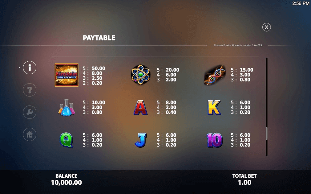 Einstein Eureka Moments Deluxe Stakelogic Paytable